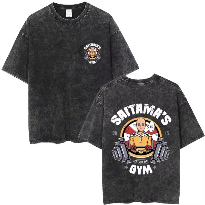 Gewaschenes Vintage Anime One Punch Man Saitama Saitamas Fitnessstudio Lustiges Meme Grafik T-Shirt Herren Damen Fitness Freizeit Übergroße T-Shirts