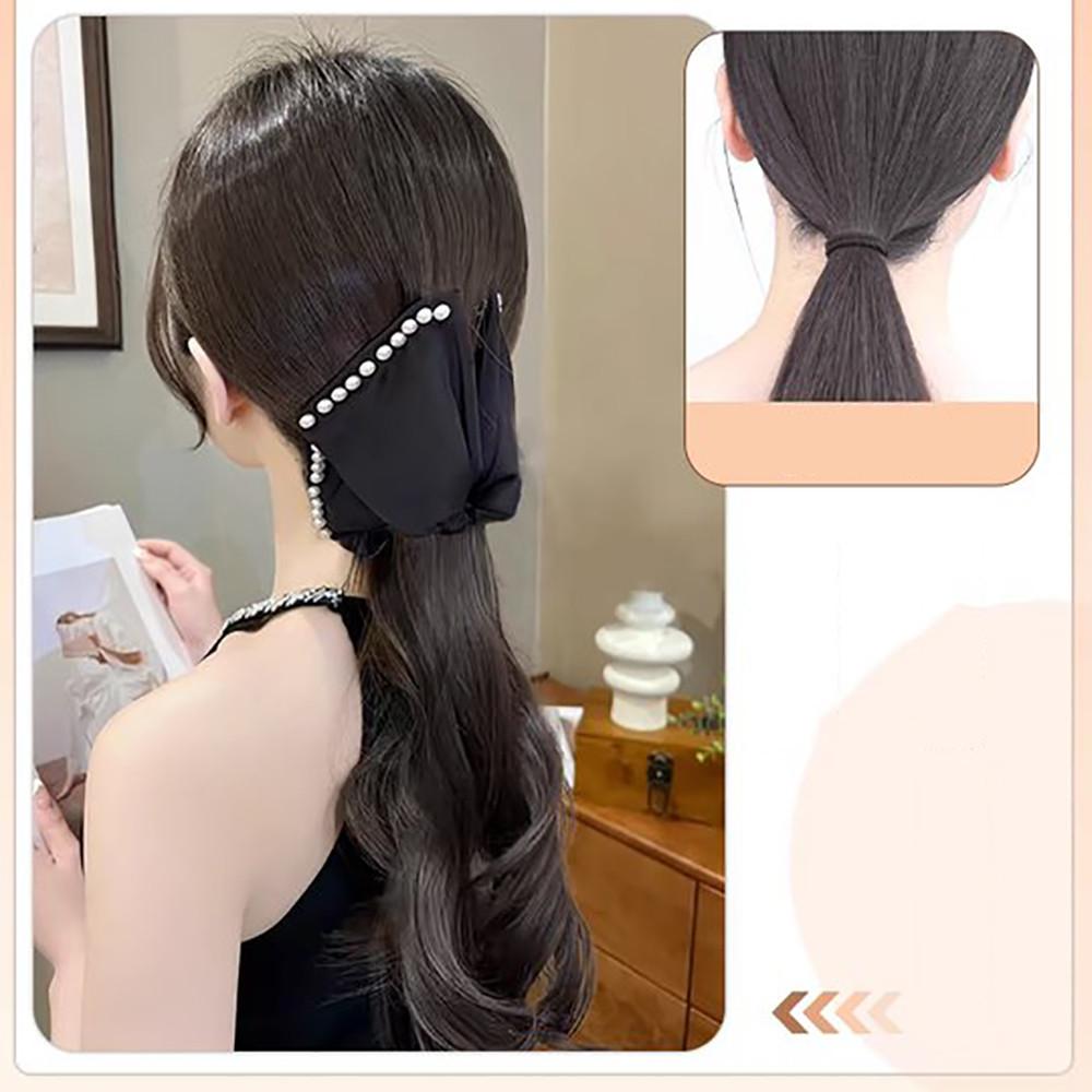Synthetic Wig Elegant Women Pearl Black Bow Clip Curly Wig Natural Wavy Fake Ponytail Grabber Extension