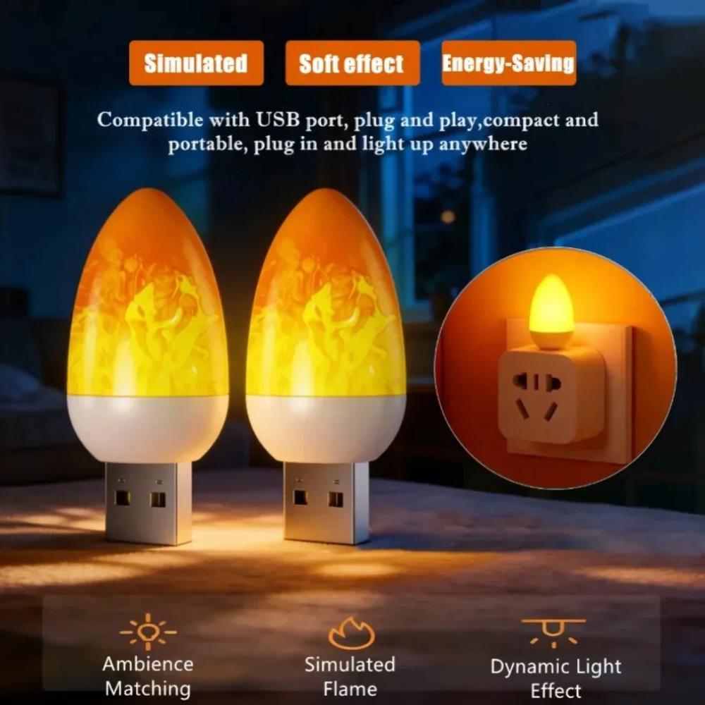2Pcs 5V USB LED Dynamic Flame Flash Atmosphere Light Flame Flame Candle Lights Portable Book Lamp Camping Lighting Bedroom Decoration