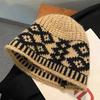 Women Retro Knitted Hat Winter Warm Rhombus Pattern Hat Big Head Sized No Brim Hat for Daily Outings Parties Dating