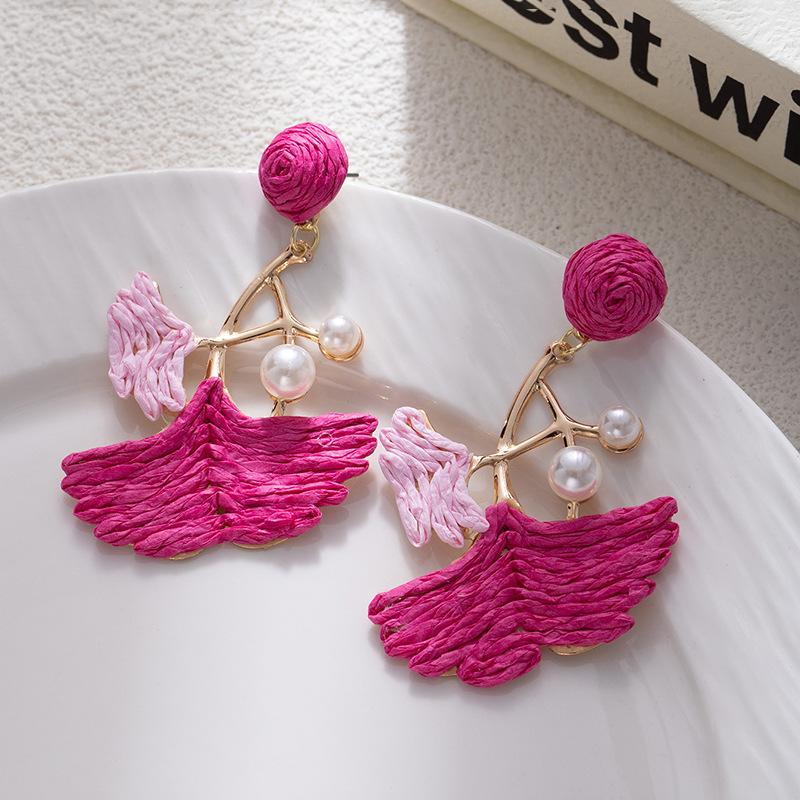 Dopamine Colored Leaves Hand-Woven Raffia Earrings Women'S Vacation Wind Sweet Temperament Unique Earrings Earrings