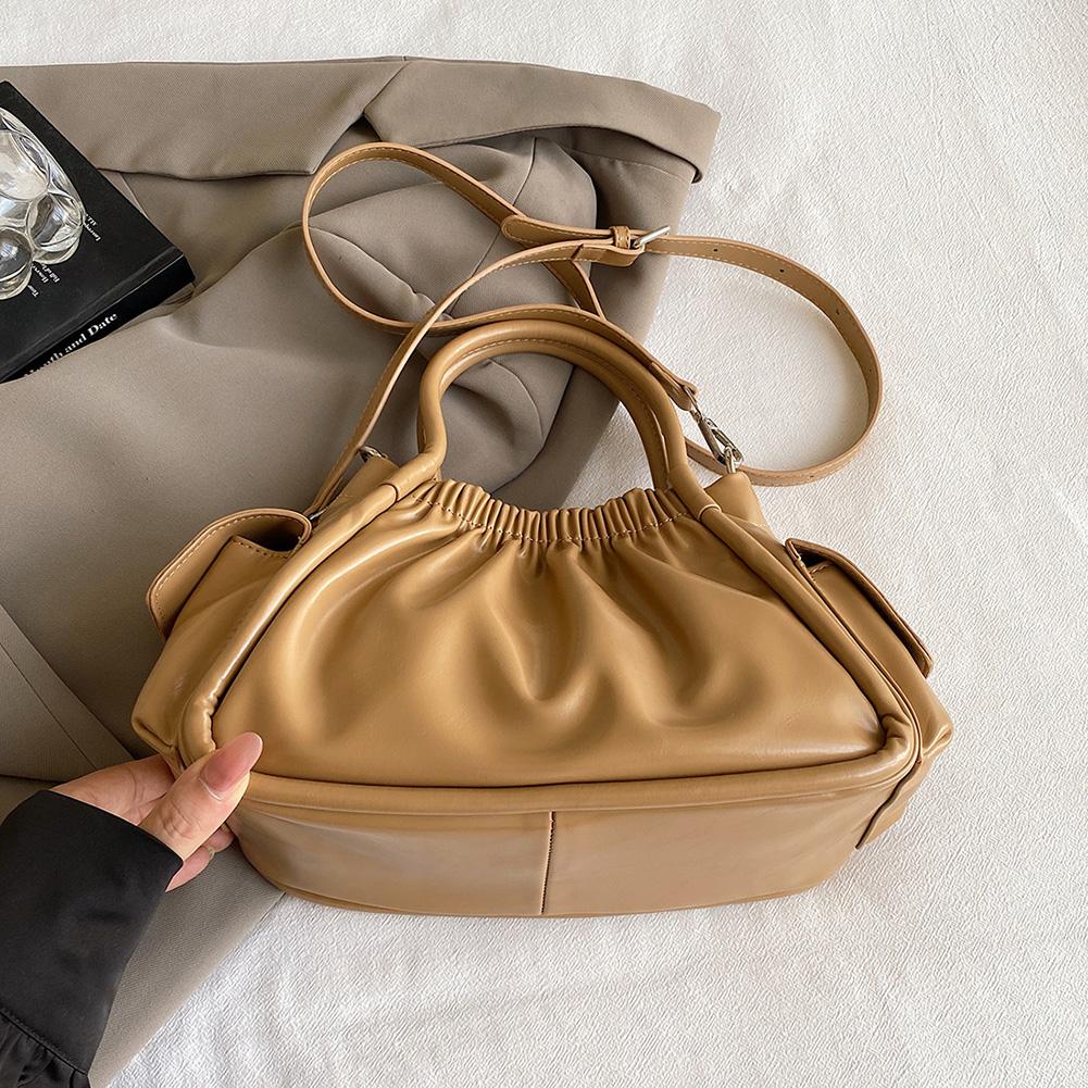 Women PU Pleated Shoulder Bag Fashion Cloud Tote Bag Chic Crossbody Bag (Khaki)
