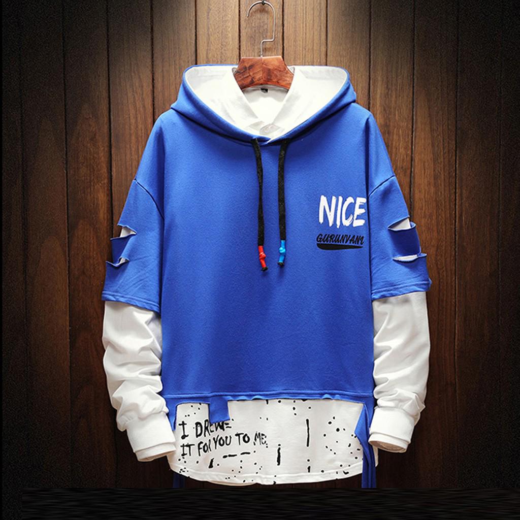 Men  Splicing Button Pullover Long Sleeve Hooded Sweatshirt Tops Blouse