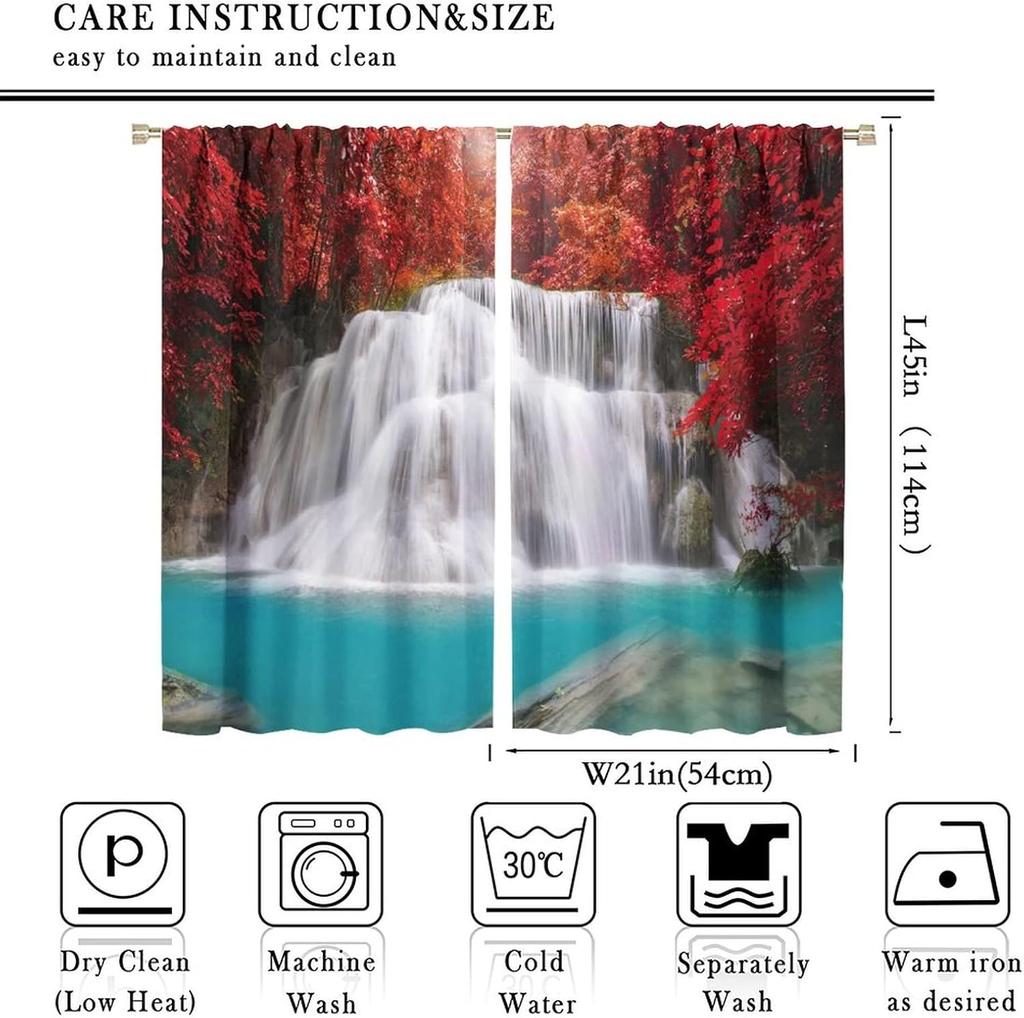Blackout Red Forest Waterfall Windows Curtains Tree Landscape Woodland Scenic Nature Fall Scenery Art Printed Curtain Made Of Polyester Washable