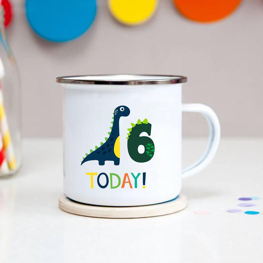 Number 1-9 Boys Dinosaur Enamel Mugs Creative Cartoon Animal Kids Dessert Juice Cola Cups Kindergarten Baby Child Birthday Gifts
