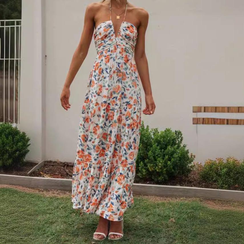 2024 Women's V-neck Print Sleeveless Tie-up Maxi Dress