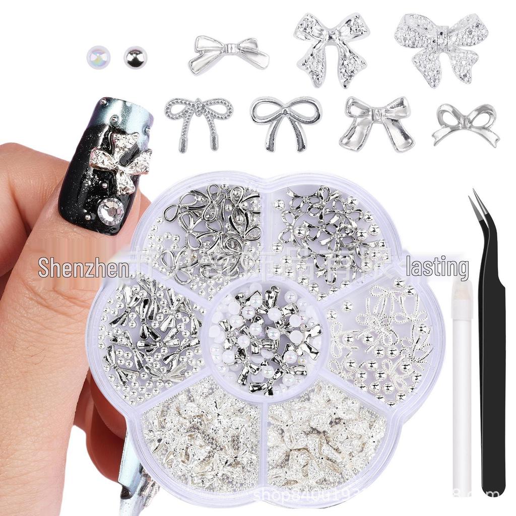 2026 Trendy Nail Art Rhinestones: Mixed Styles Metal Bow, Flat-Backed, Seven-Grids Nail Decorations