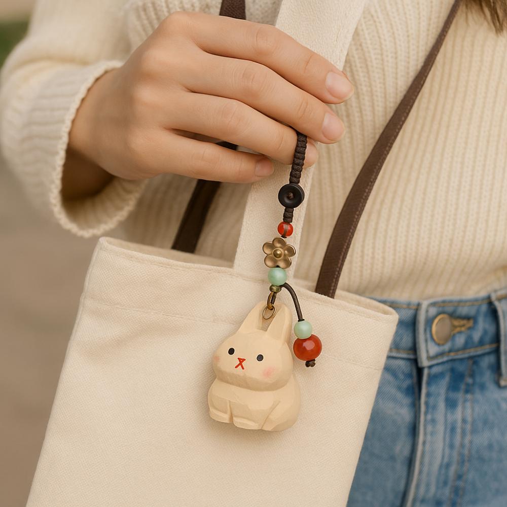 Beads Wooden Carved Rabbit Keychain Weave Rope Car Keyring Wood Rabbit Dolls Pendant Girl/Boy