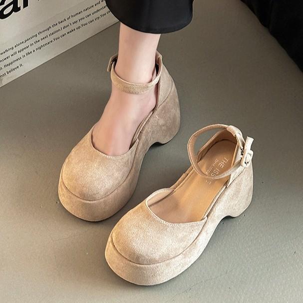 Retro Bag Head Versatile One-button Women's Thick Heel Mary Jane Shoes Summer Fashion Suede Small High-heeled Single Shoes