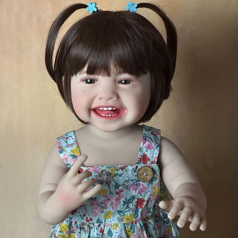 Păpușă renăscută Mila de 55 cm, finisată moale, complet din silicon, lavabilă, păpușă nou-născută drăguță, zâmbet fericit, simulare, păpuși pentru copii, jucării pentru casă de joacă