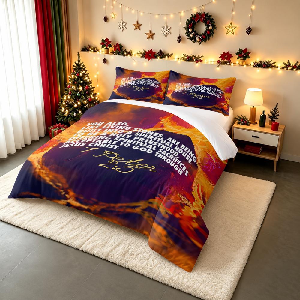 Living Stones 1 Peter 2 5 Bible Verse Bedding set (1 duvet cover, 2 pillowcases, duvet not included), Purple Orange Fire Art Print