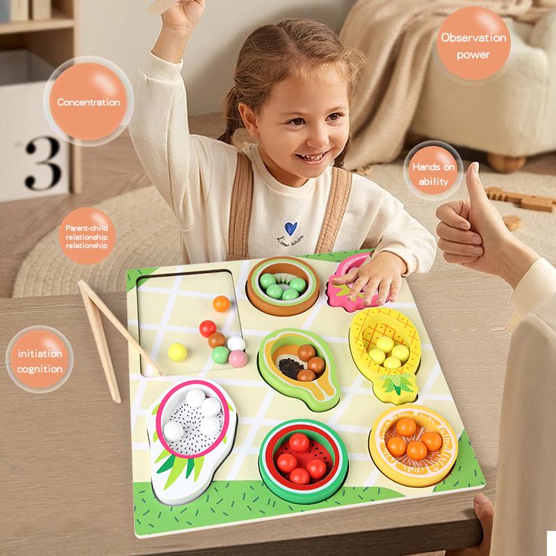 Montessori Matching&Sorting Game Wooden Fruit Clip Beads Color Shape Sensory Sorter for Kids Fine Motor Skills Early Education