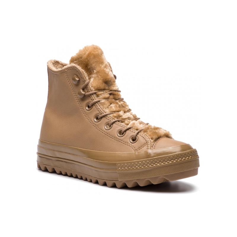Converse Chuck Taylor All Star Lift Ripple Leather Plush Casual Board Shoes High Top Espadrilles Women's Brown