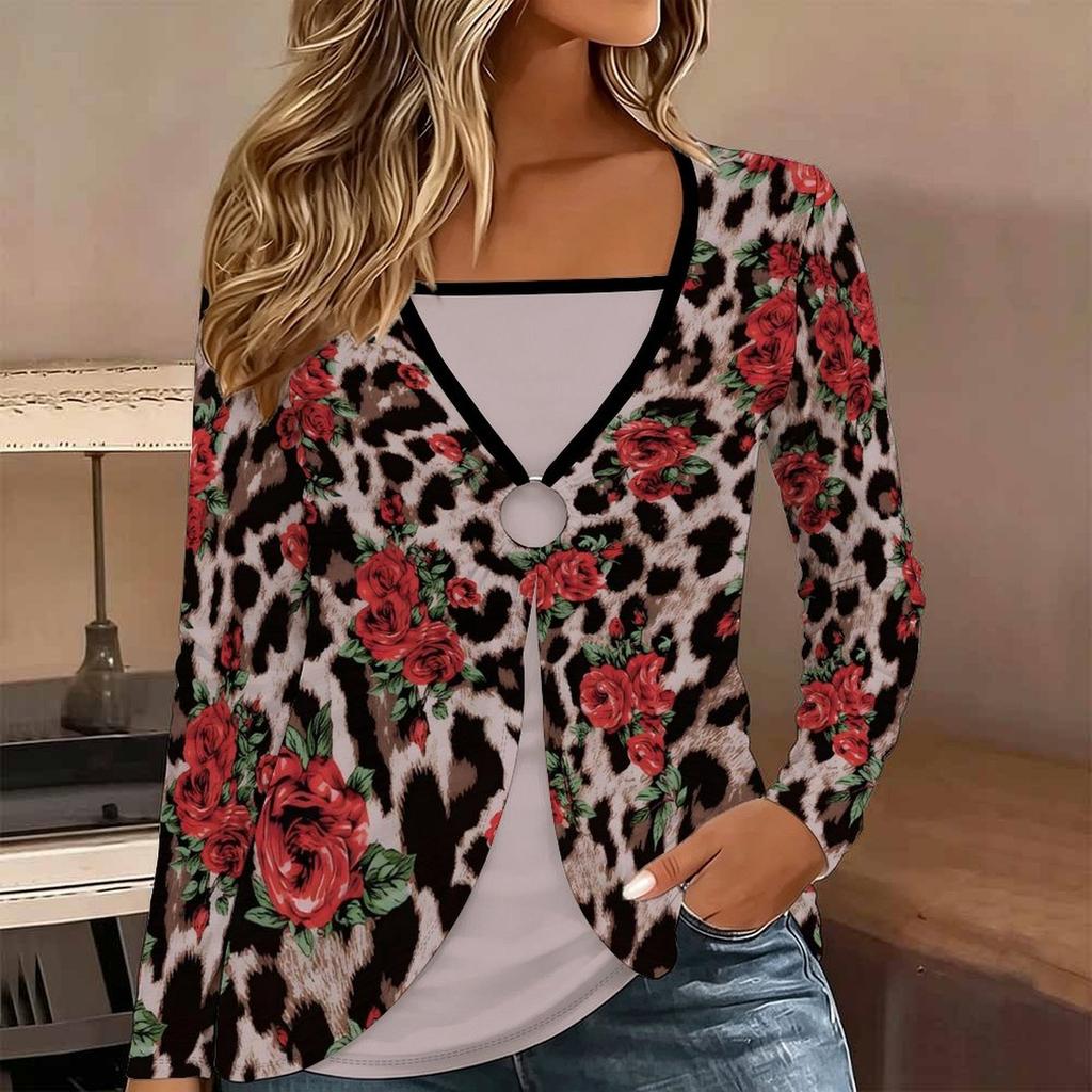 Tops for Women Leopard Print Long Sleeve Fake Two‑Piece Top Fall Casual Slim Pullover Women's Long Sleeve Top