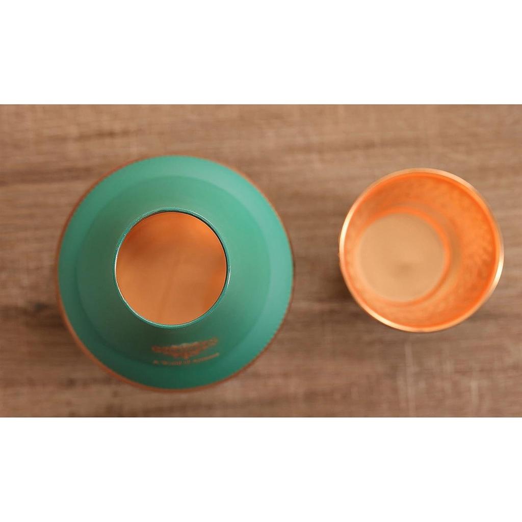 Pure Copper Bottle with Inbuilt Glass, Surahi Design Green Half Silk Half Hammered Finish, Drinkware & Storage Purpose - Volume 1.25 Litre (Pack of 2)