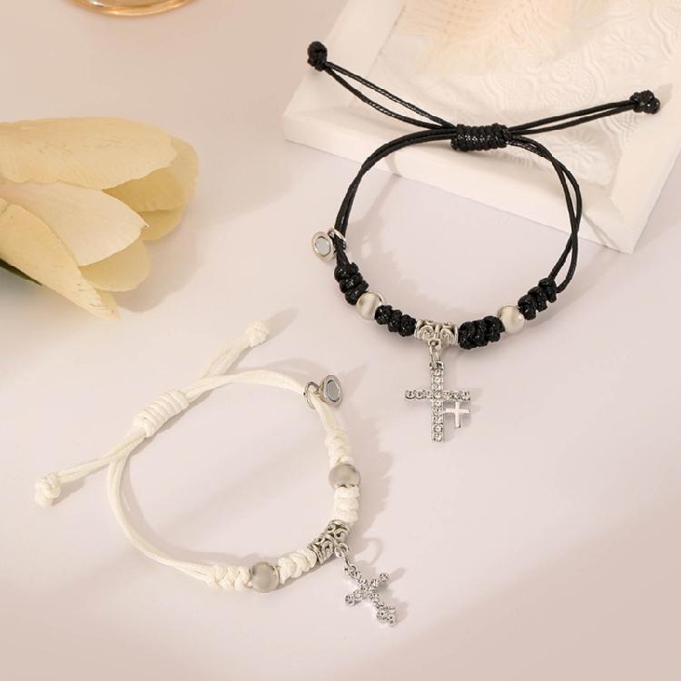 2pcs Magnetic Cross Pendant Couple Bracelets Lover Friend Braid Rope Bangle Gift