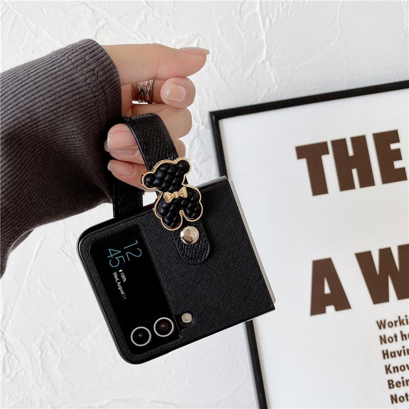 Niedliche Bären-PU-Lederhülle mit einziehbarer Handschlaufe für Samsung Galaxy Z Flip 4 Z Flip 3 5g stoßfeste Hülle Z Flip4 Zflip3