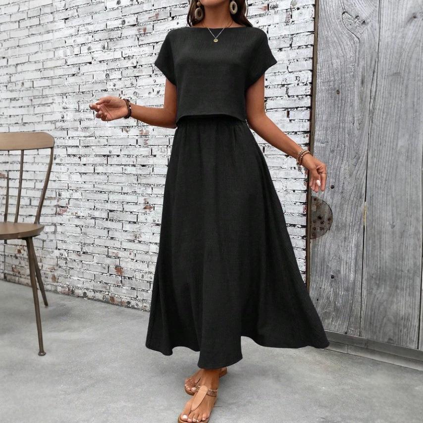 2026 summer fashion casual European and American cross-border 2-piece set women's solid color short-sleeved top and casual A-shaped skirt set