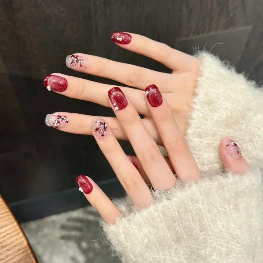 10Pcs Red Cat Eye Handmade Press On Nails Flower Fake Nails Wearable Stick-on Nails Full Cover False Nail