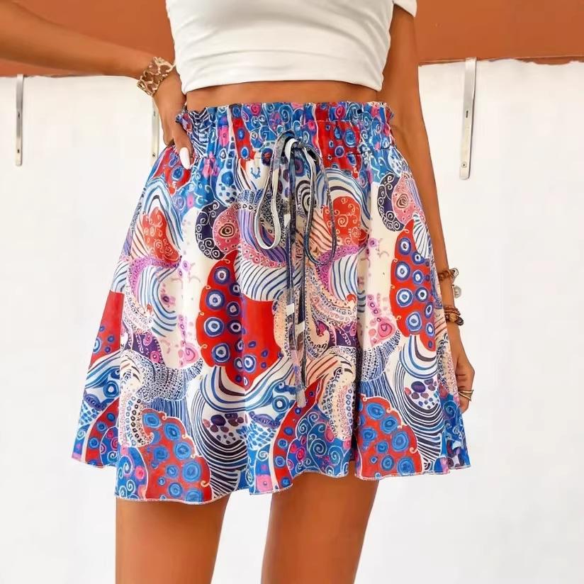 Falda Pantalón Casual Fluida de Cintura Alta Elástica con Cordón Estampado Paisley para Mujer