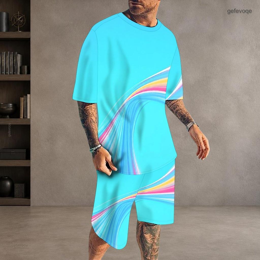 Men Plus Size Round Neck Short Sleeve Cyan Colorful Striped Printed T Shirt And Pocket Shorts Two Piece Set