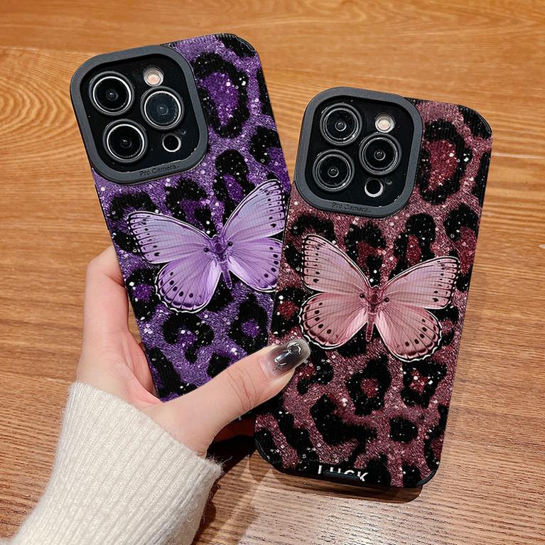 Vertical Grain Leather Shell Butterfly Printed Patterned Shockproof Soft Silicone Case with Camera Lens Full Protection for iPhone