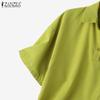 ZANZEA Damen Sommer Casual Shirt Kragen Halbarm Lose Diagonal Knopf Einfarbig Blusen