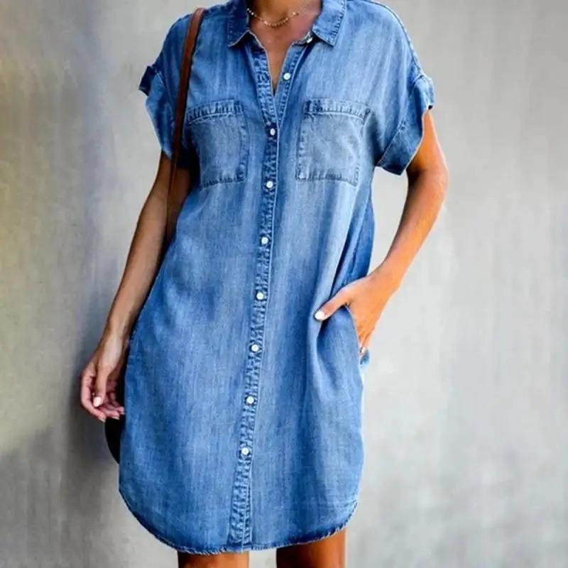 

IHUASU Fashion Summer Spring Solid Color Print Short Sleeve POLO Neck Casual Dresses S