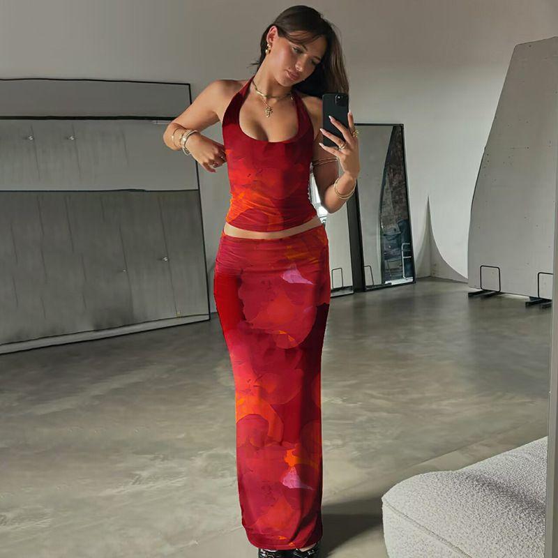

European and American Women s Clothing 2025 Summer New Fashion Print Sexy U Collar Vest Silm Skirt Suit Red L