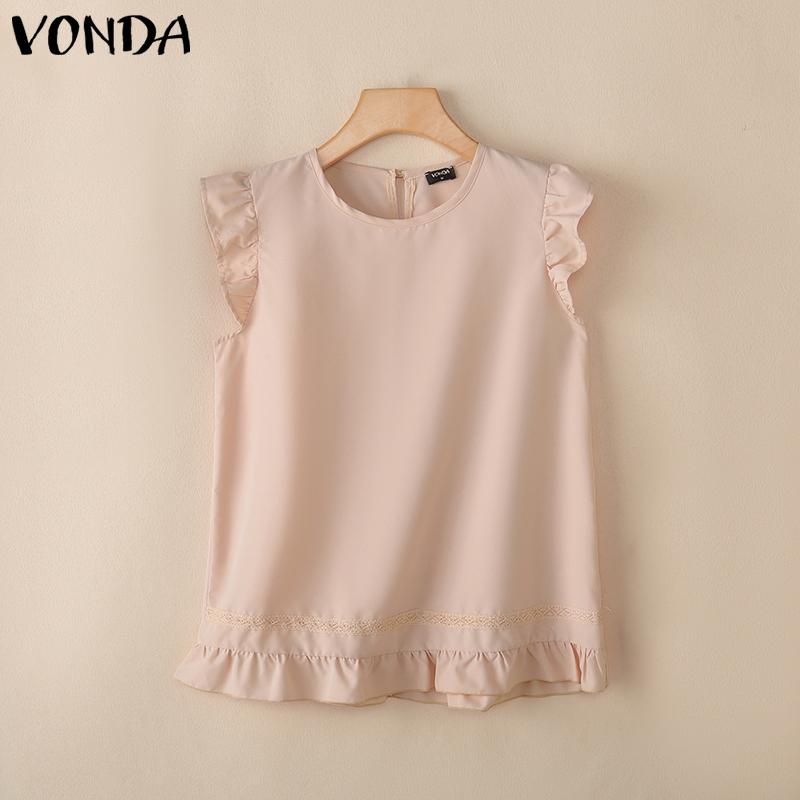 

VONDA Women Sleeveless Tops Casual Solid Color Ruffled Office Tanks S розовый