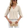 Women's V Neck 3/4 Split Sleeve Blouse Loose Fit Front Pleated Detail Casual Solid Chiffon Top
