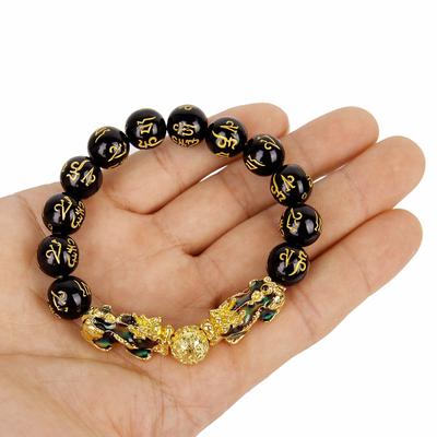 Feng Shui Reichtumsarmband aus schwarzer Perlenlegierung mit goldenem Pixiu-Charm-Schmuck