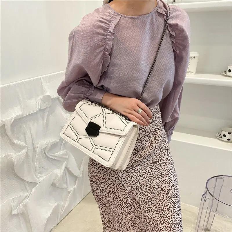 Vintage Rivet Chain Small Shoulder Bags For Women Flap PU Leather Fashion Small Square Crossbody Bag Designer Handbag