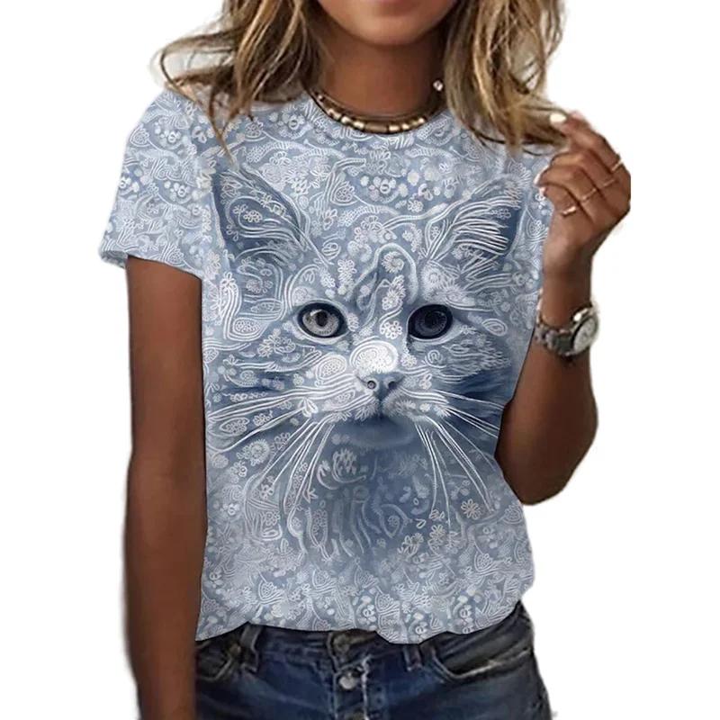 Großgrößen Lässige Rundhals-Oberteile Kurzarm Locker T-Shirts 3D-Druck Kawaii Katze T-Shirt Für Damen Lustige Tier-Grafik-T-Shirts