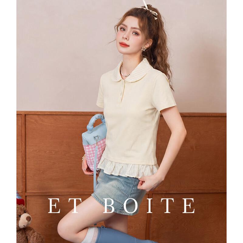 ET BOITE Color-block Polo Ruffle Short Sleeve T-Shirt S