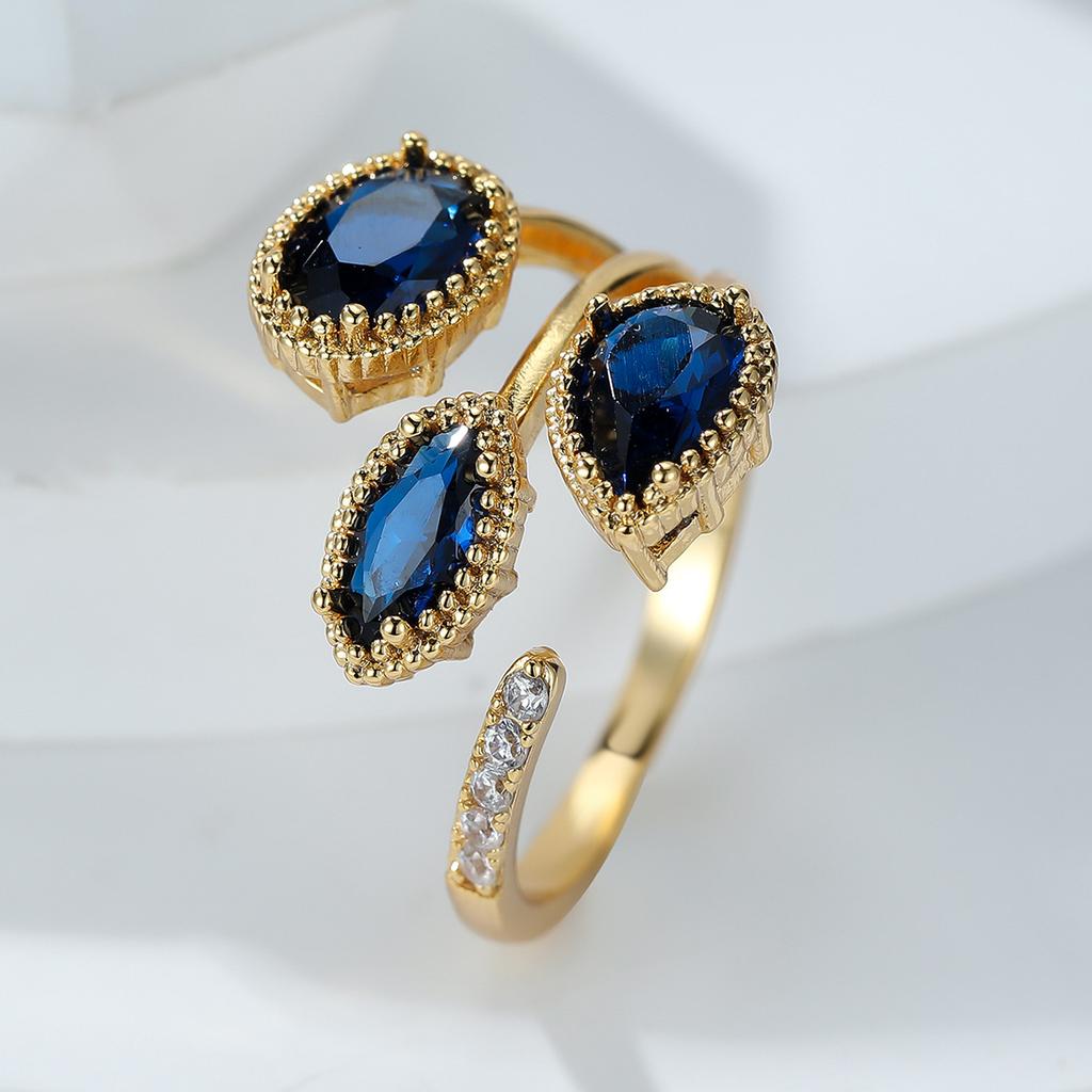 Vintage Blue Zircon Water Drop Horse Eye Diamond Open Ring Light Luxury Palace Style Gold Adjustable Ring