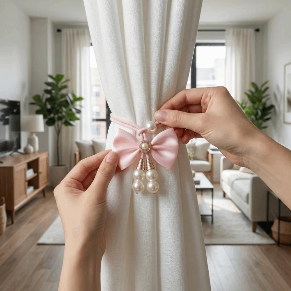 2 PCS Pearl Bowknot Curtain Straps Adjustable Curtains Tie Rope Curtain Tieback Living Room