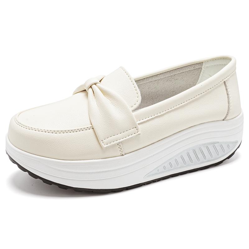 Damen Höhe-erhöhende Loafer Weißes Leder Plateau Lässig Einfach Grau Dicke Sohle Aufzug Wackelschuhe EU:41 beige