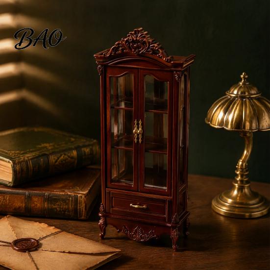 Detailed Miniature Furniture Curio Cabinet, 1/12 Scale Mini Wine Wooden Tiny Display Cabinet with Drawer, Vintage for Doll Mansion Living Room Decor,