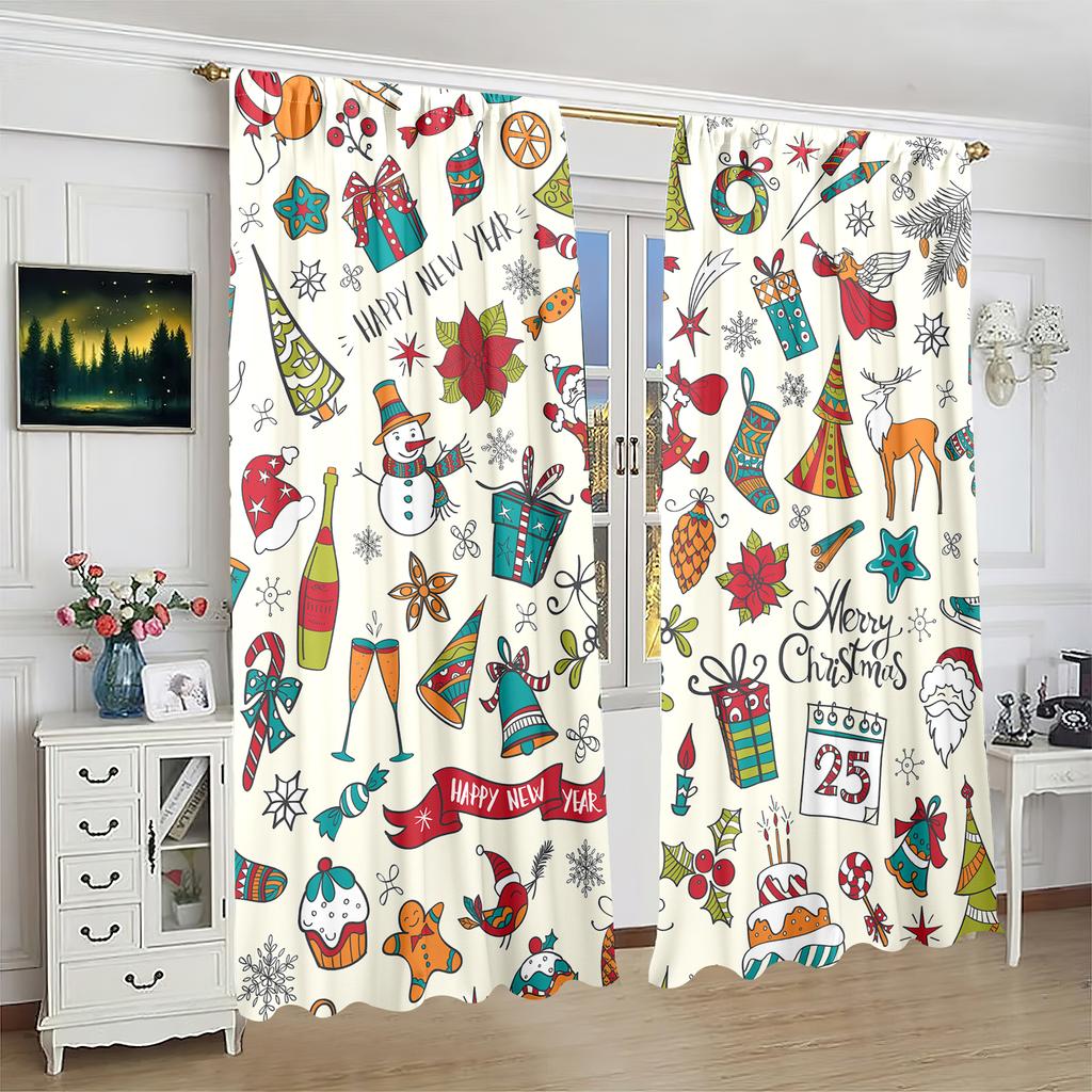 2 pieces - Christmas print curtains - Polyester material - Bedroom, living room, study private curtains - customizable patterns