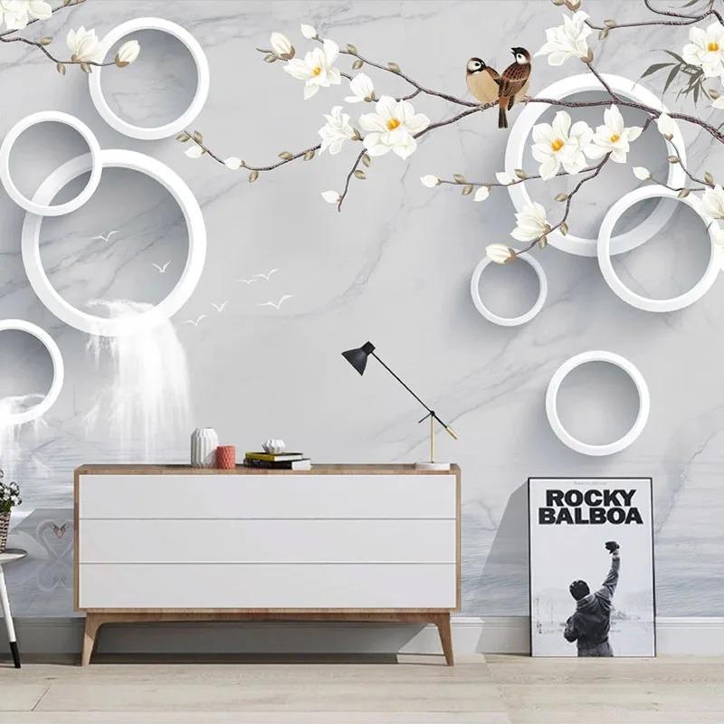 3d Marble Wallpaper Waterfalls Circle Flowers Birds Wall Mural Living Room Tv Sofa Bedroom Fresco