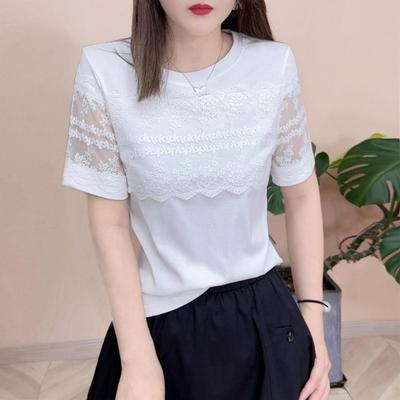 Tricou cu mânecă scurtă Versatil Subțietor Gât rotund Nou Dantelă Culoare solidă Cusătură Top de modă pentru vară