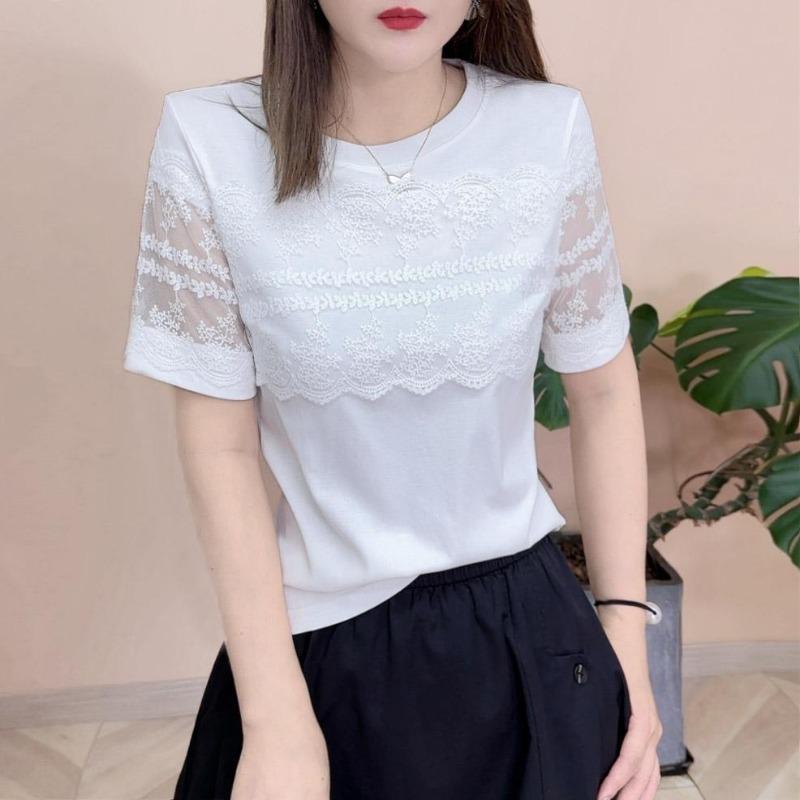 Short Sleeved T-shirt Versatile Slimming Round Neck New Lace Solid Color Splicing Summer Fashion Top