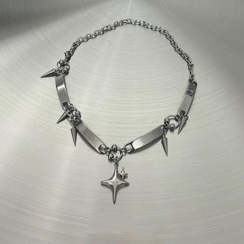Stainless Steel Rivet Pendant Choker Necklace Women Men Geometric Punk Minimalist Chain Jewelry Rivet Star Pendant Necklace