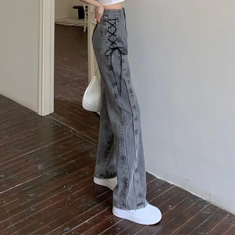 Y2K Street Women Jeans Pants American High Waist Lace Up Chic Female Casual Pants Korean Vintage Ladies Wide Leg Trousers