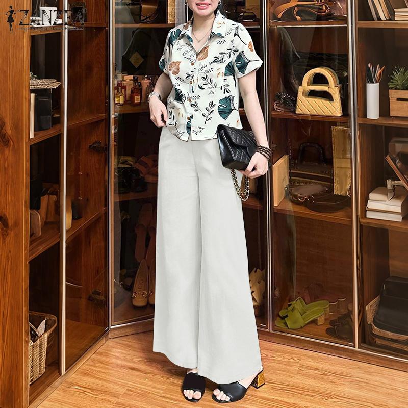ZANZEA Women Floral Short Sleeve Shirt and Pants Summer Two Piece Suit Sets