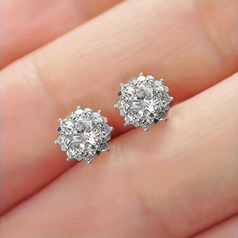 Gold Plated Sunflower Halo CZ Stud Earrings, Elegant Round Cut Crystal Pave Studs for Women