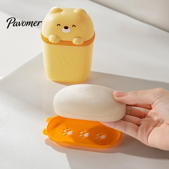 Durable Soap Storage Case Cute Bear Box with Lid, Plastic Holder Protector for Business Trips Drainage Design, Portable Travel Home And Dish Gym