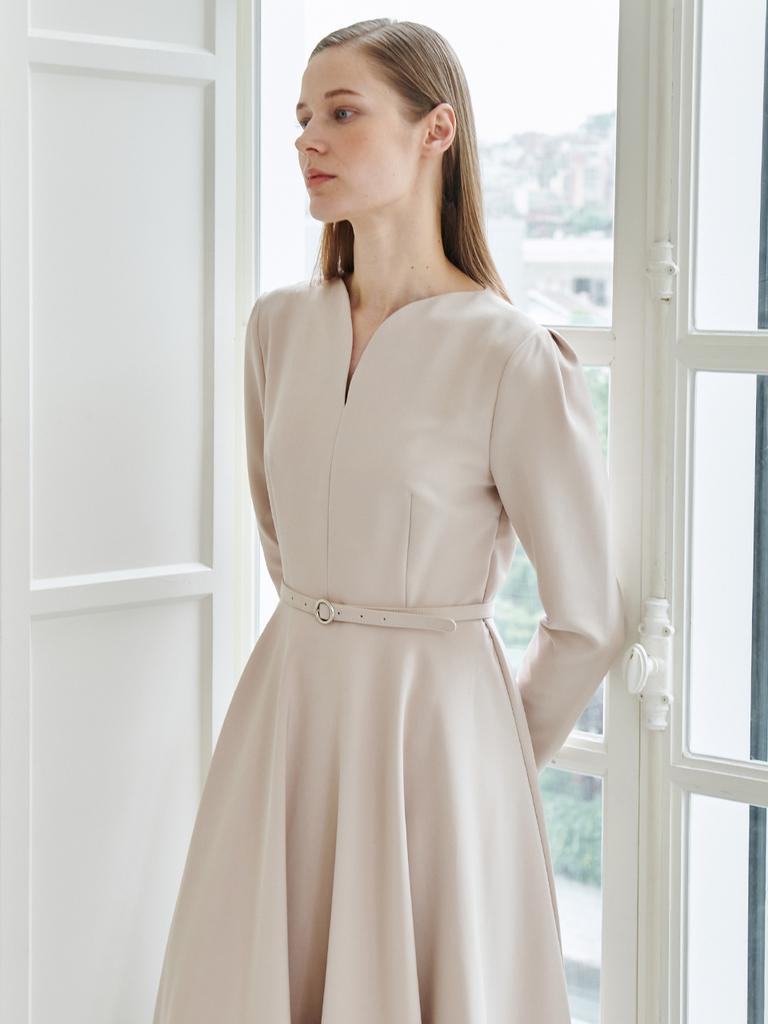 Nub Heart Neck Flare Dress-Beige