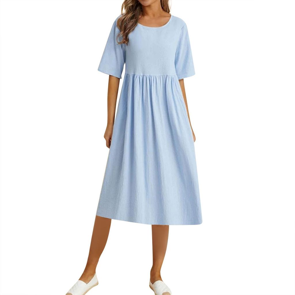 Women's Solid Color Loose Waist Mid Length Dress Cotton Linen Round Neck Dress